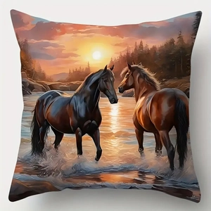 Detailed view of horse print on square pillowcase featuring a sunset river oil painting