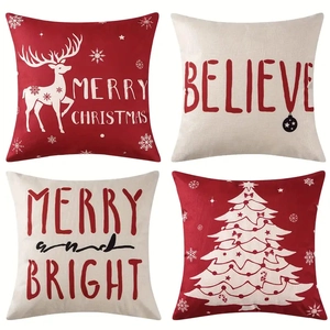 Christmas Throw Pillow Covers Linen Reindeer Tree Print Decorative Cushion Case For Home Sofa Bedroom Red White Festive