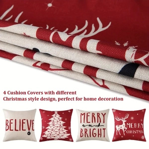 Close-up of linen fabric texture and four festive Christmas patterns with reindeer and trees
