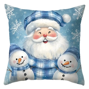 Christmas snowman plush pillowcase featuring Santa in a blue plaid hat and white snowflakes