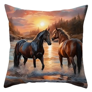 Modern horse print peach skin cushion cover with sunset rider pattern on white background