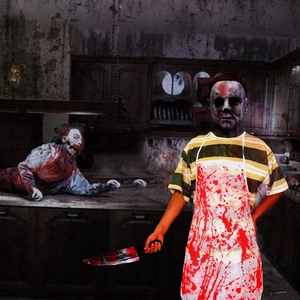 Halloween Michael Myers costume set with bloody apron, mask and striped shirt for haunted house