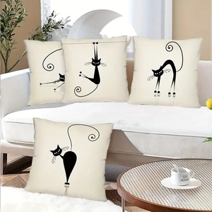 Set di quattro federe per cuscini in lino con gatti neri stile bohémien per divano e casa