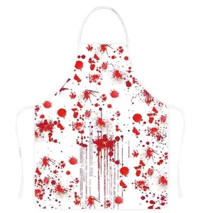 Close-up of realistic red blood splatters on white Halloween horror apron prop