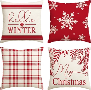 Set di Fodere per Cuscini Natalizi in Lino Stampa Digitale Fiocchi di Neve Plaid Federe Decorative per Divano Casa Regali