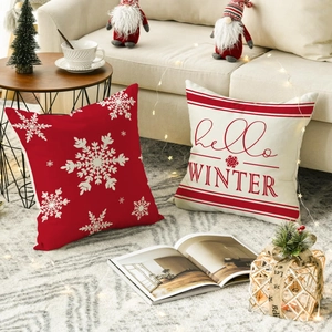 Set di 2 federe natalizie con fiocchi di neve rossi e scritta hello WINTER decorativa