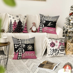 Cozy Christmas linen pillow covers set featuring festive snowmen and trees on a sofa