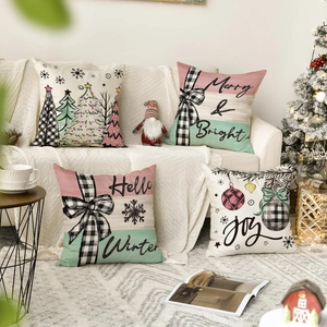 Set of 4 Christmas linen pillow covers with festive snowman and tree designs for home decor