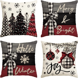 Set of 4 Christmas linen pillow covers with buffalo plaid trees and snowflake patterns