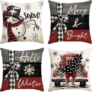 Set of 4 Christmas linen pillow covers with snowman, red truck and festive winter patterns