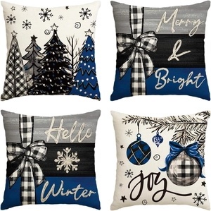 Set of 4 linen pillow covers with navy blue winter trees and snowflake prints for sofa decor