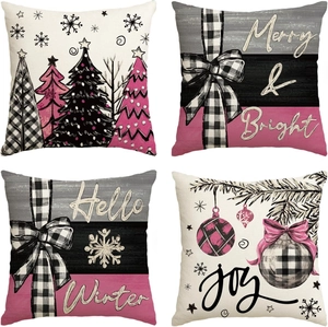 Set of 4 Christmas linen pillow covers with snowman and tree patterns in modern pink and grey