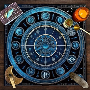 Macro detail of deep blue zodiac tarot tablecloth with celestial mandala and moon phase