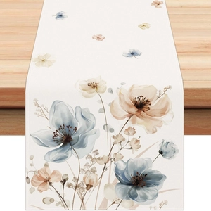 Textura detallada del camino de mesa de lino con diseño floral de acuarela primaveral