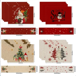 Christmas Table Runner And Placemats Linen Printed Heat Resistant Xmas Party Dining Decoration Snowflake Santa Snowman