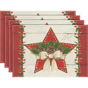 Detailed set of 4 Christmas linen placemats featuring red stars and pine cone patterns