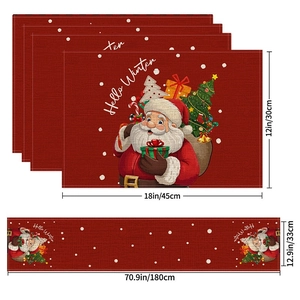 Christmas table runner and 4 placemats set with festive Santa Claus and snowflakes motifs