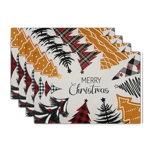 Set of 4 linen placemats featuring colorful abstract Christmas trees and holiday greetings