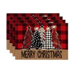 Set of 4 Christmas buffalo plaid linen placemats with festive holiday tree prints