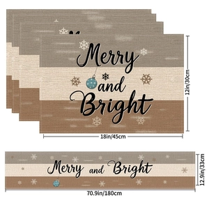 Detail of Christmas placemats and table runner set with Merry and Bright snowflake print