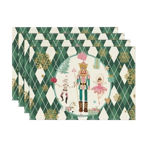 Set of four linen Christmas placemats with Nutcracker soldier and snowflake prints