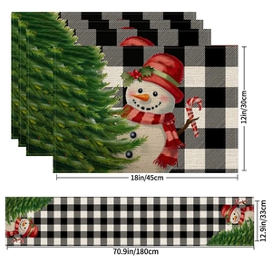 Christmas table runner and placemat set with buffalo plaid snowman and tree patterns