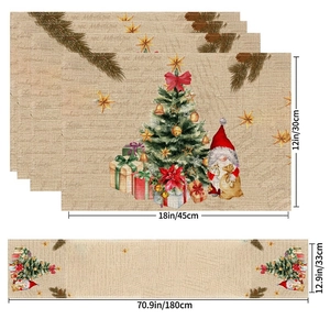 Christmas table runner and placemat set with gnome and holiday gift box patterns