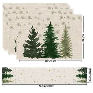 Linen Christmas table runner and placemat set with green trees and golden snowflakes