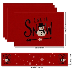 Red Christmas table runner and 4 placemats set with snowman and snowflake prints