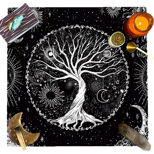 Square black tarot altar cloth featuring Tree of Life, moon phases, and mandala celestial symbols