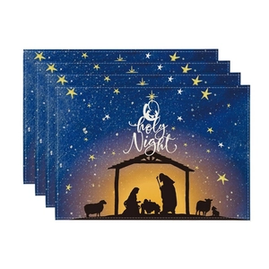 Holy Night Christmas linen placemats with nativity scene and starry night for dining table