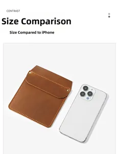 Brown leather pocket tool holster shown next to an iPhone for size comparison