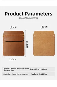 Detailed dimensions of crazy horse cowhide multi-functional waist bag with front and back views