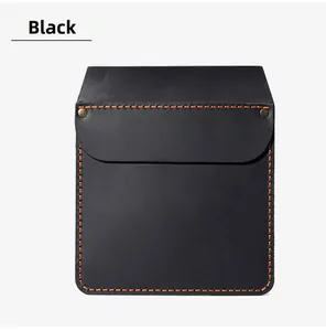 Detail of black genuine leather pocket pouch with orange stitching and brass rivets