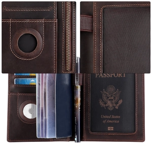 Détail du protège-passeport en cuir Crazy Horse marron foncé avec fente AirTag et RFID