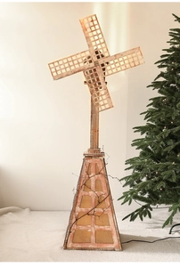 Vue détaillée du moulin à vent vintage en bois avec éclairage intérieur chaud pour Noël
