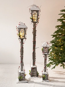 Lot de 3 lampadaires de Noël vintage en bois avec effet neige et lumières LED chaudes