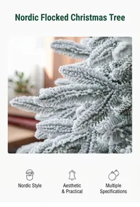 Close-up of snow-flocked PVC pine needles on a premium Nordic style Christmas tree