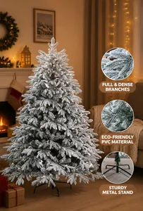Detail view of snow-flocked spruce branches and pre-lit LED lights on Christmas tree