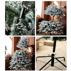 Detail view of the multi-section modular design and metal base of the snowy Christmas tree