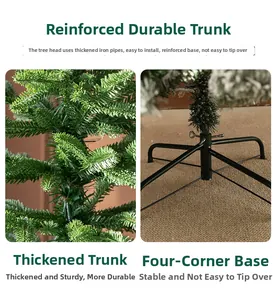 Detail of lush PE branches and sturdy four-legged iron base for artificial Christmas tree