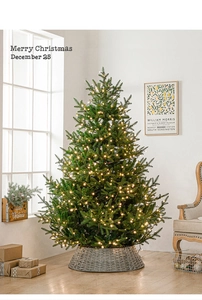Detail of warm LED lights on a lush green PE Christmas tree with wicker fence base