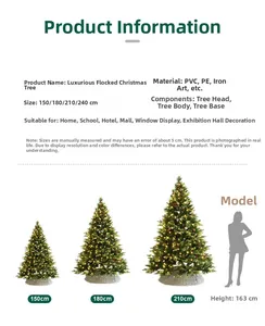 Size comparison chart for luxury flocked Christmas trees showing heights from 150cm to 240cm