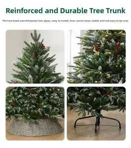 Detail of pre-lit snow-flocked Christmas tree with red berries, pinecones and metal stand
