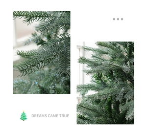 Close-up of realistic green PE needles and branch details of a lighted Christmas tree