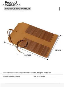 Detailed size specifications for the vintage top grain leather tool and pencil roll bag