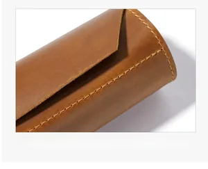 Macro shot of precise stitching on brown leather tool bag for professional craftsmen