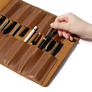 Brown vintage leather roll pencil case with multiple slots for pens and stylus