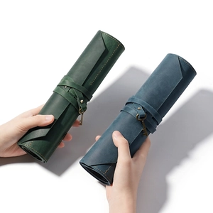 Vintage genuine leather roll-up pen case with metal key charm in green and blue