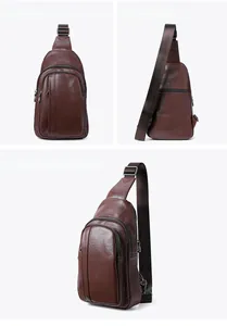 Vue triple d'un sac de poitrine en cuir marron montrant les faces avant, arrière et latérale